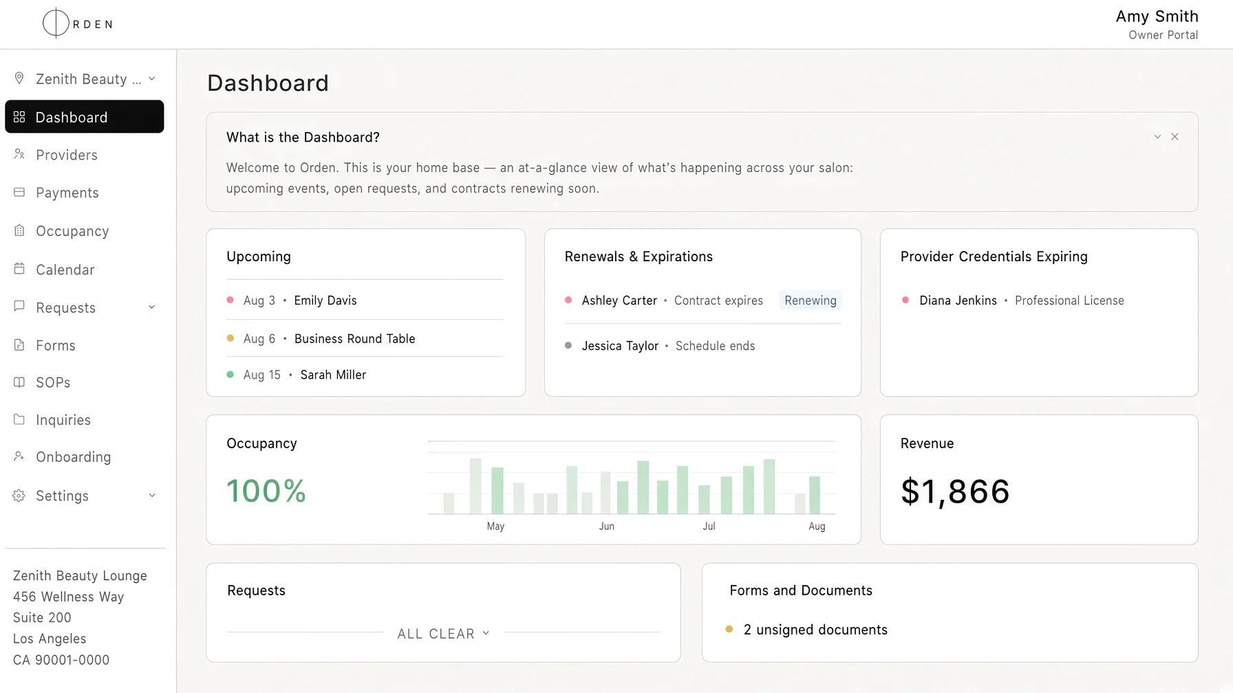 The Orden owner dashboard, showing upcoming events, contract renewals, expiring provider credentials, occupancy and revenue.